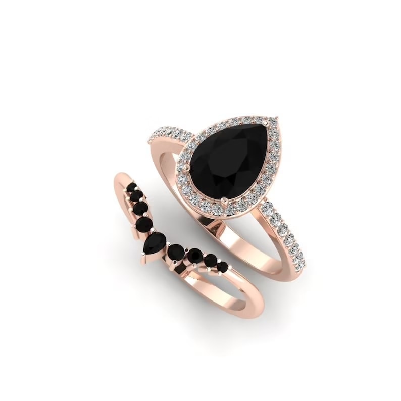 Onyx and Diamond Halo Ring Set
