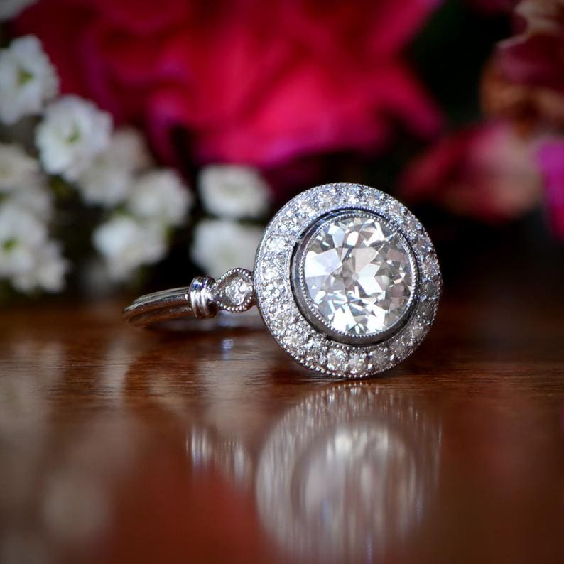 Art deco old mine cut diamond engagement ring