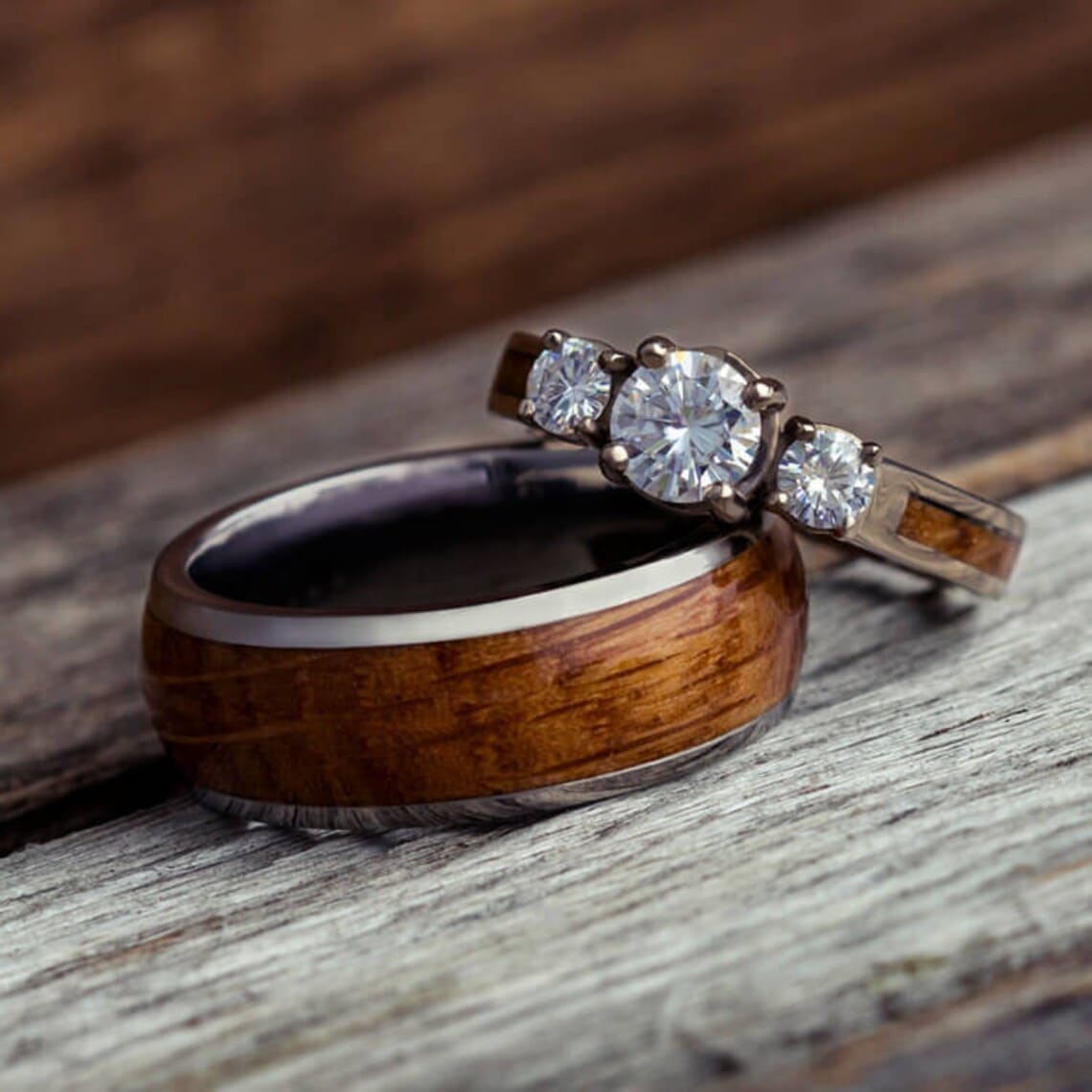 Whiskey Barrel Wood Wedding Ring Set