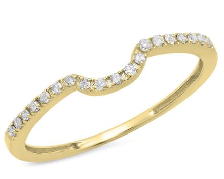 gold curved wedding band with diamonds