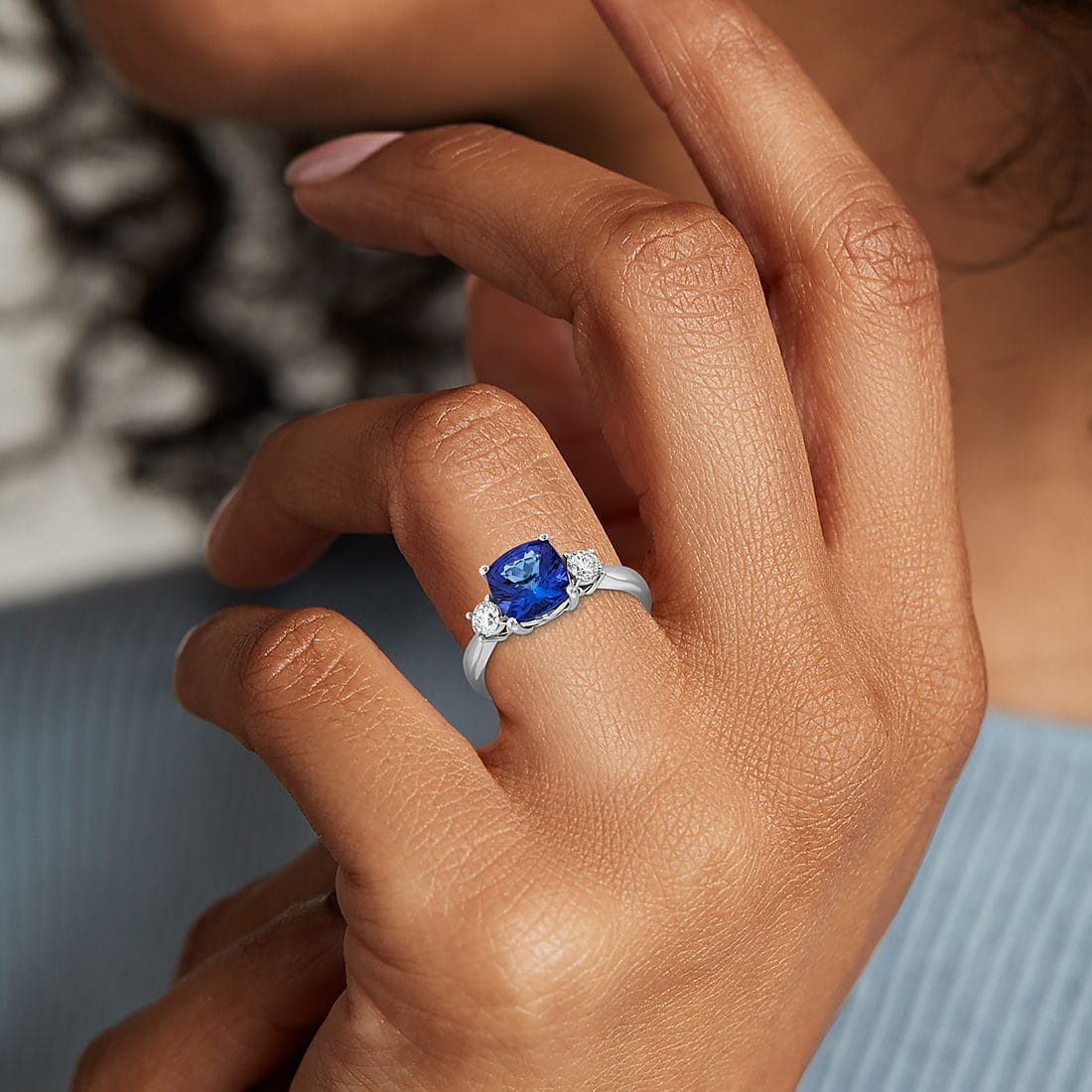 Cushion Cut Tanzanite and Diamond Three Stone Ring