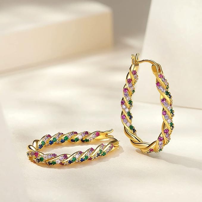 colorful cz huggie hoop earrings in yellow gold setting