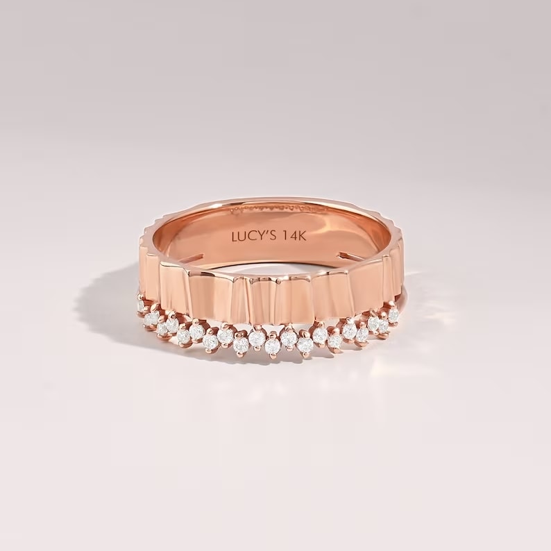 14k rose gold diamond textured wedding band