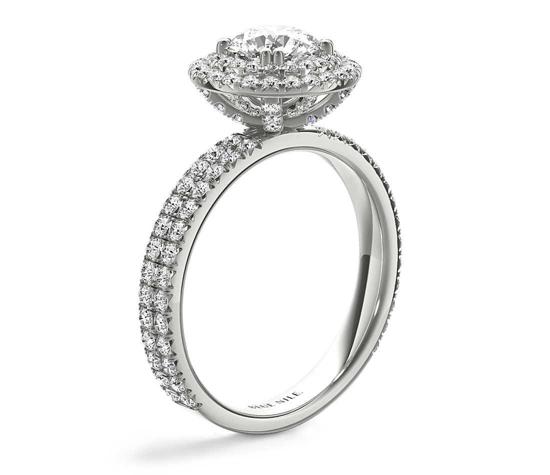 Double halo engagement ring side view