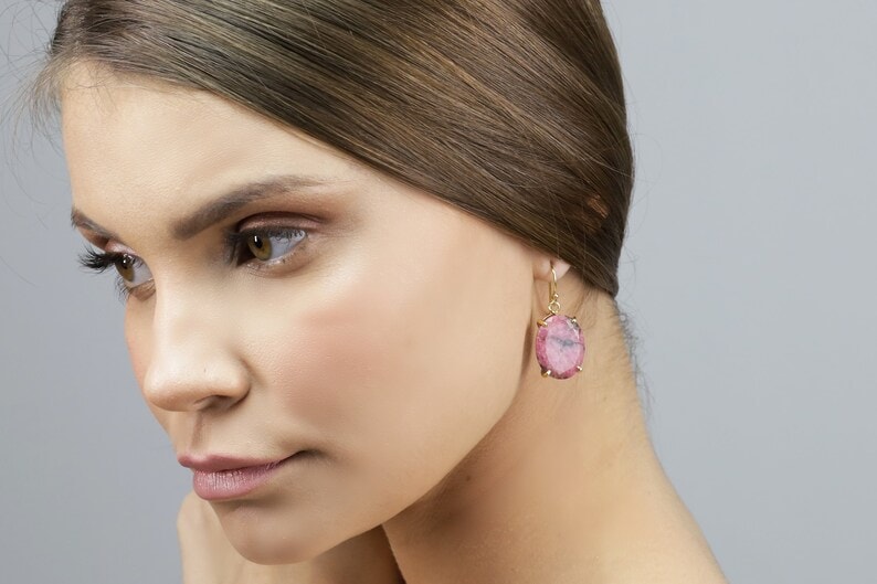 Gold Dangle Rhodonite Gemstone Earrings