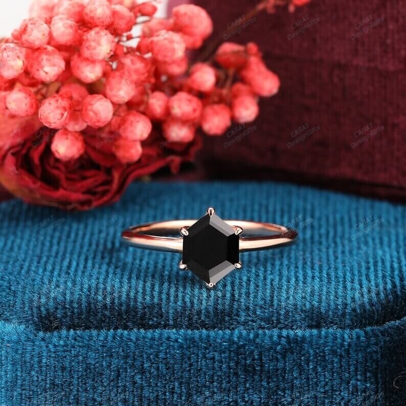 hexagon cut black agate ring