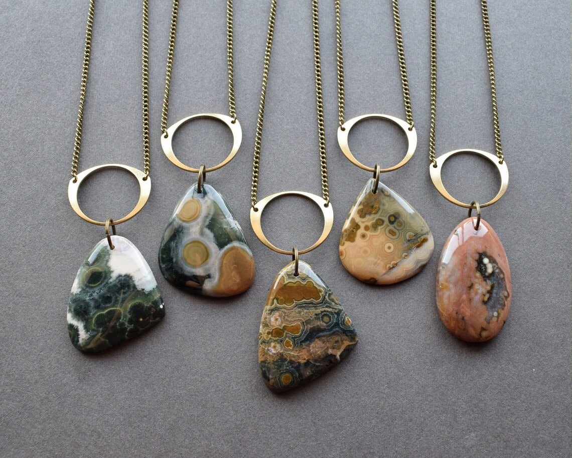gold necklace with ocean jasper pendants