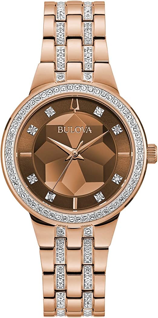 bulova rose gold watch with mineral crystals