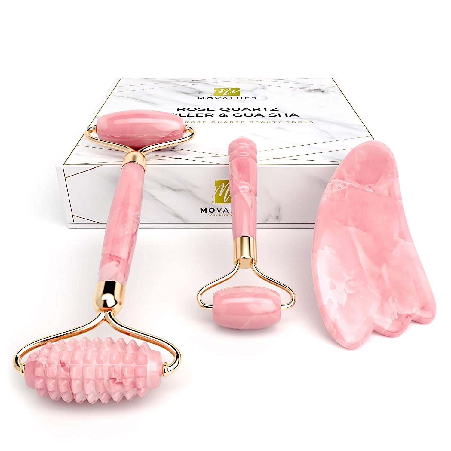 rose quartz roller with gua sha set