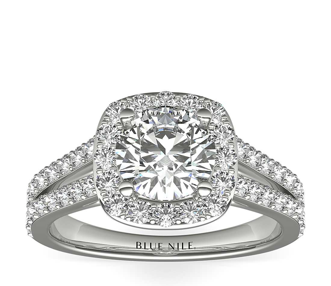 Split shank ring halo cushion