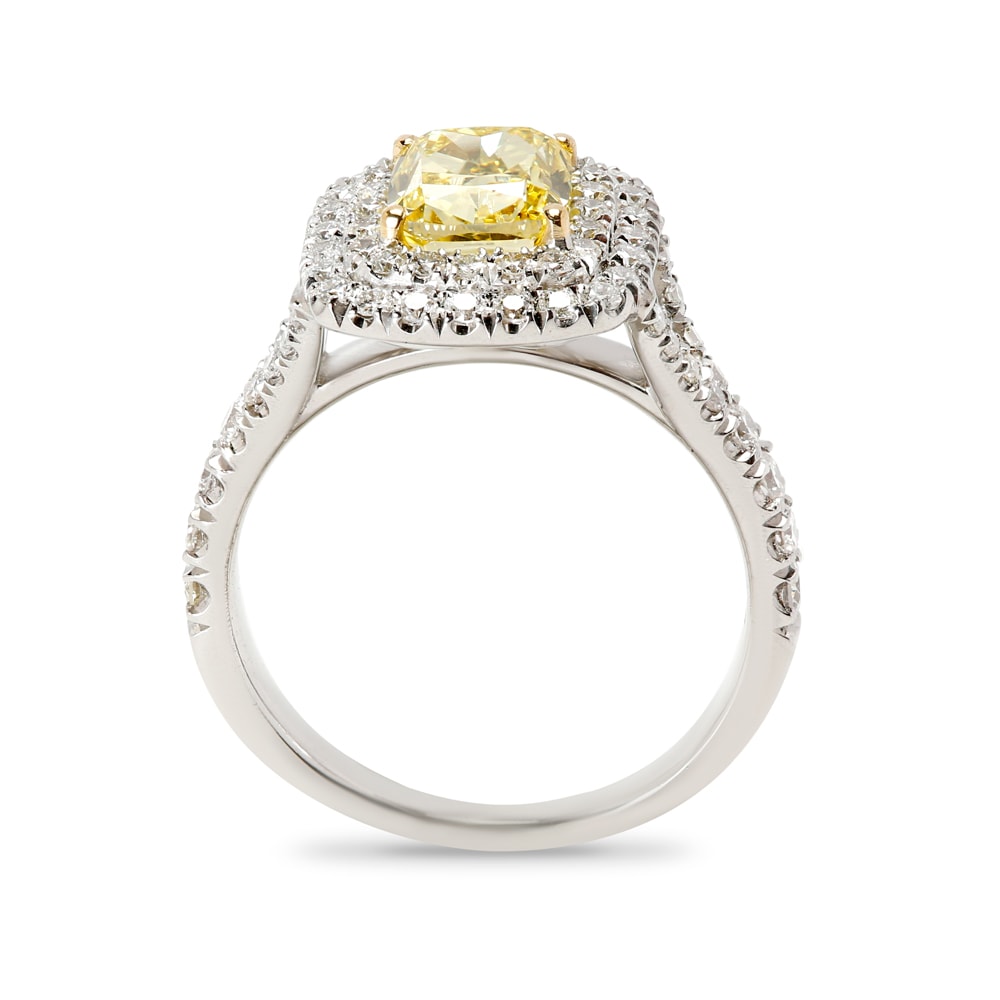 Split Shank Double Halo Fancy Vivid Yellow Cushion Diamond Ring