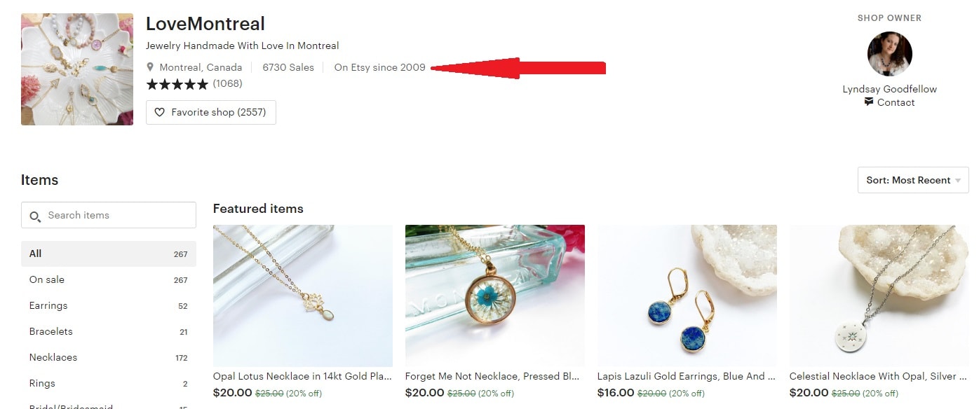 Vendor information on Etsy shop
