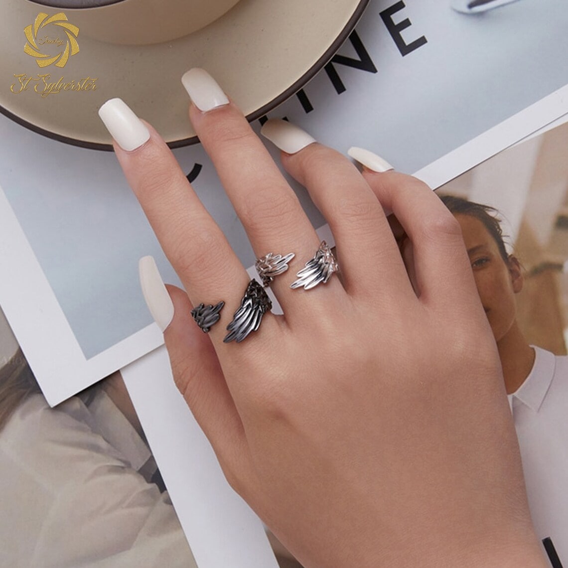 vintage wings open rings on fingers