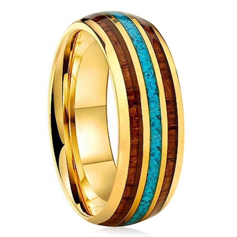 wood and turquoise inlay wedding band
