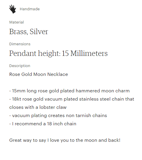 Product description on Etsy shop