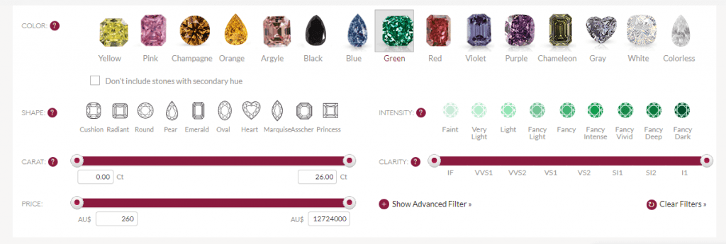 leibish diamond search filters
