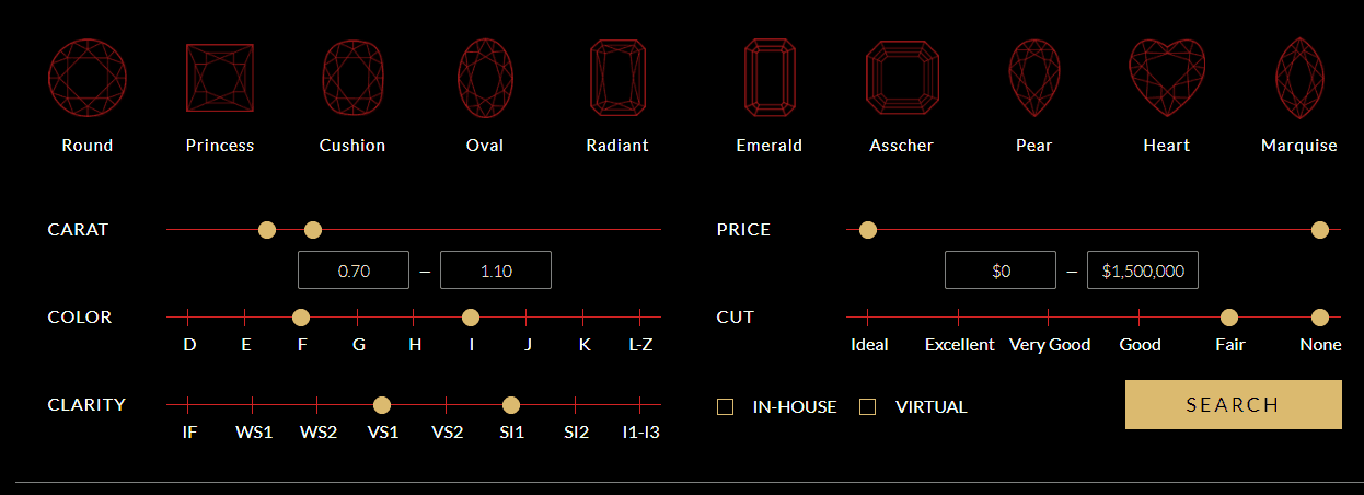 whiteflash loose diamond search interface