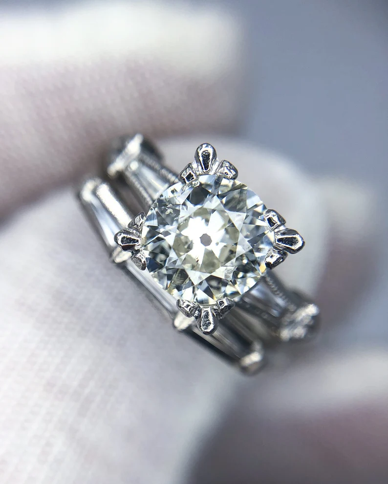 1940’s Diamond Platinum 3-Stone Matching Engagement Ring Wedding Band Bridal Set