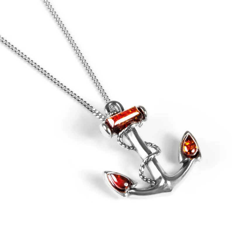 anchor necklace in silver and amber