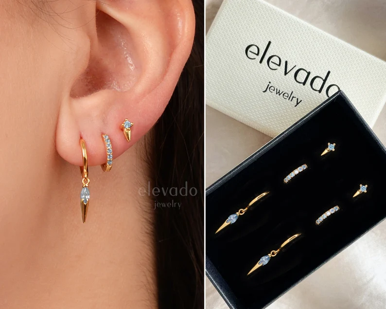 Blue Zircon Dainty Hoop Earring Set