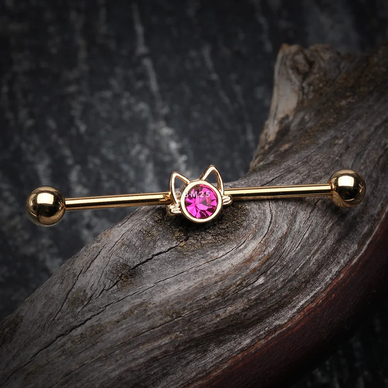 Cat Face Sparkle Industrial Barbell
