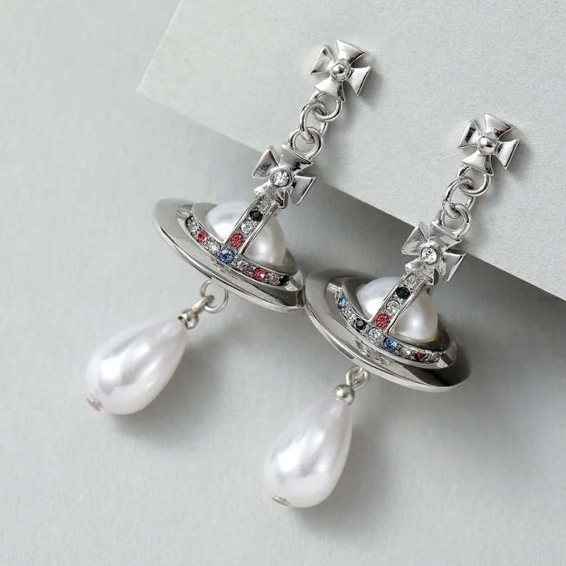 celestial planet pearl drop earrings