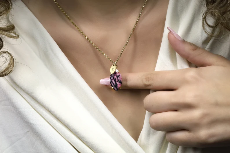 Engraved Rhodonite Marquise Necklace