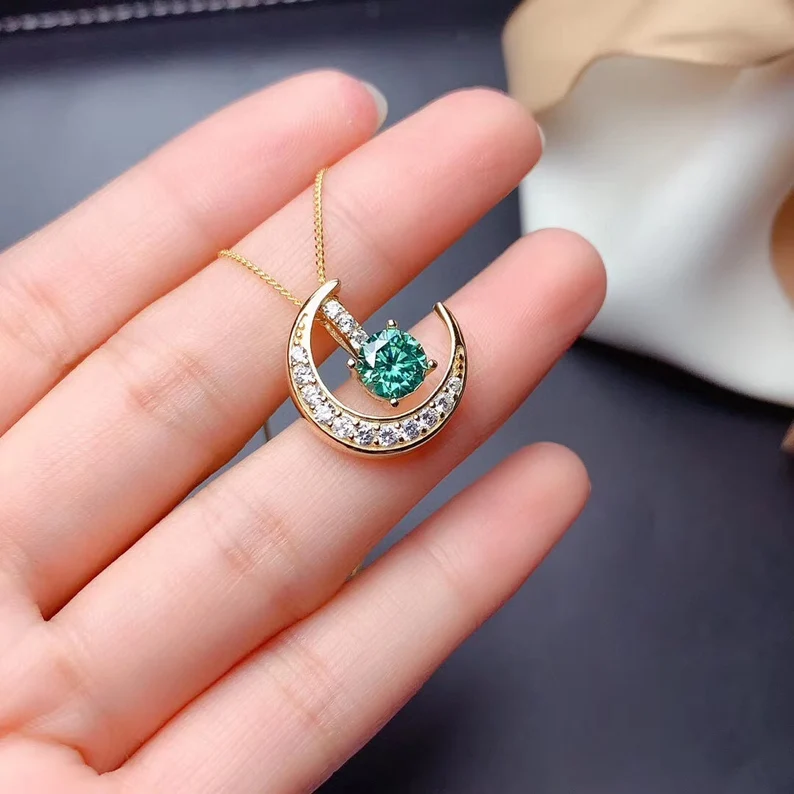 Green Moissanite Moon Necklace