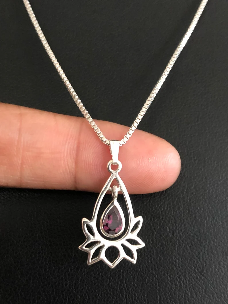 Natural Rhodolite Garnet Lotus Necklace