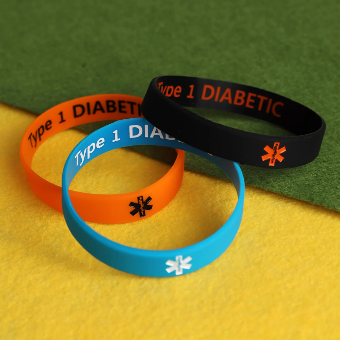 silicone bracelets on colorful background